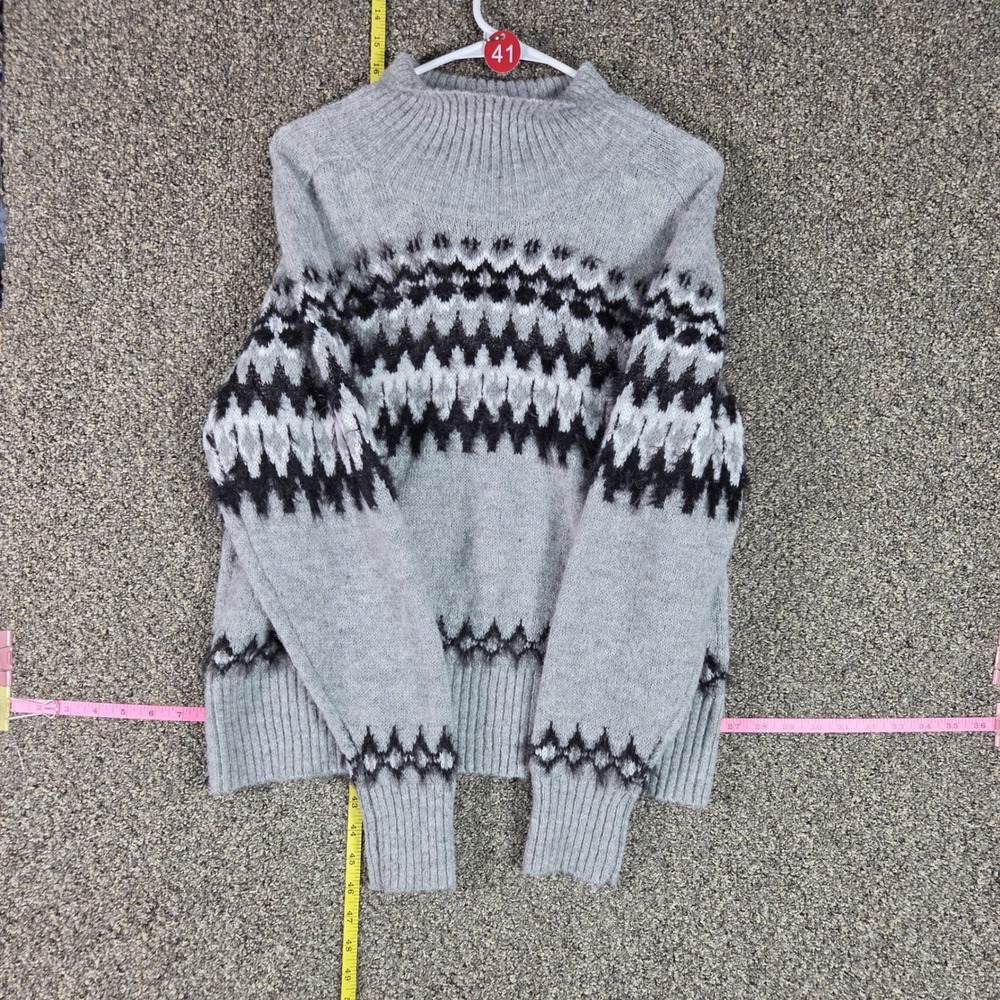 Free Assembly Sweater Women Large Gray Fair Isle Mock Neck Knit Long Sleeve